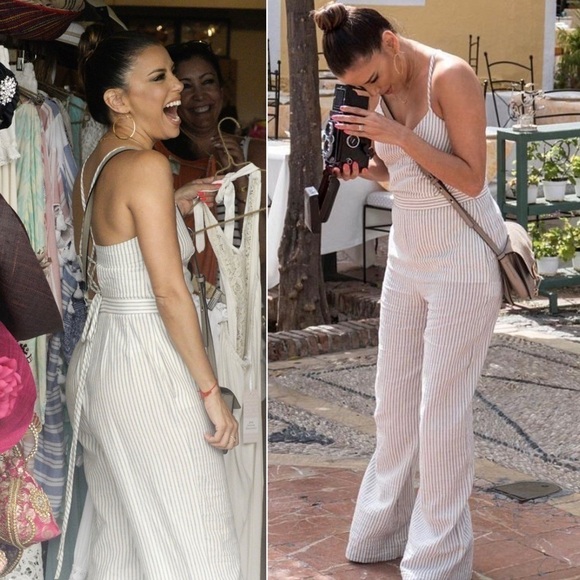 MAJE‎ Striped Crisscross Corset Back Sleeveless Wide Leg Eva Longoria Jumpsuit 4 - Picture 6 of 10